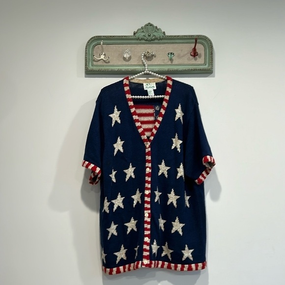 Vintage the Quacker factory stars stripes USA red white blue cardigan sweater 1X - Picture 1 of 6